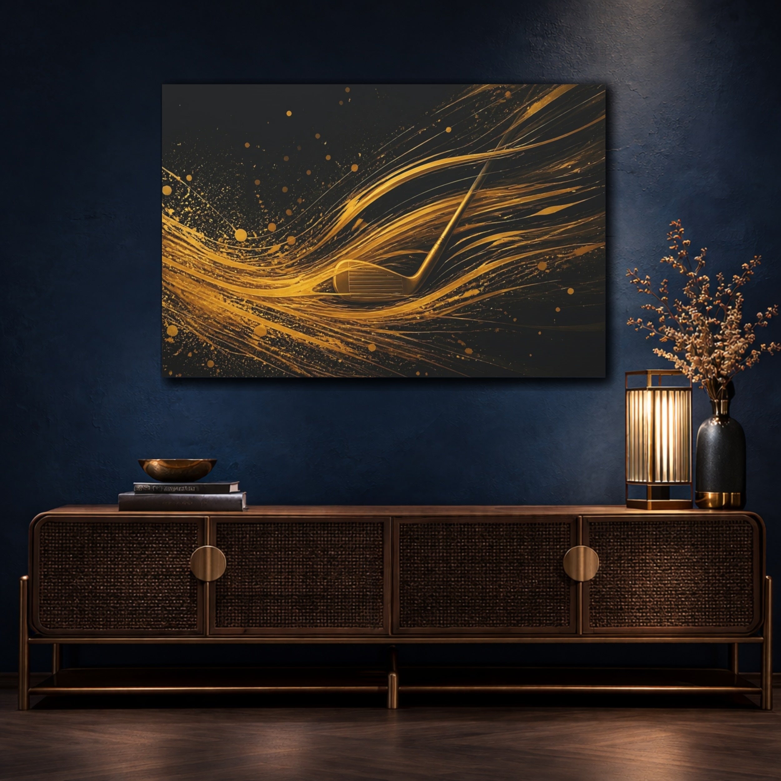Mockup 4. Sports Golf Club Gold And Black shown as stretched canvas wall art