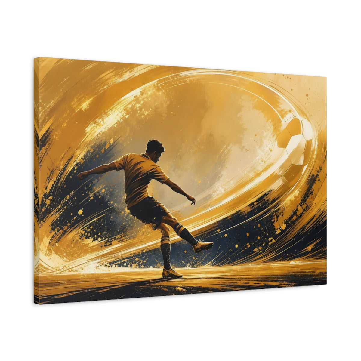 Side Mockup 2. Sports Soccer Player Golden Soccer shown as stretched canvas wall art