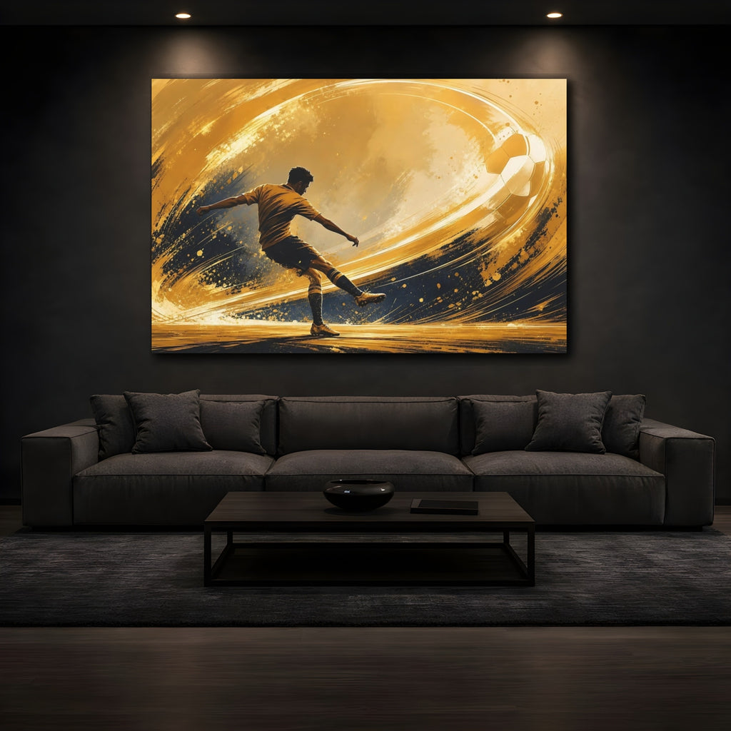Mockup 3. Sports Soccer Player Golden Soccer shown as stretched canvas wall art