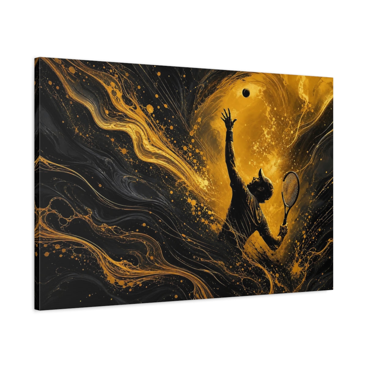 Main Mockup. Sports Tennis Player Gold And Black shown as stretched canvas wall art
