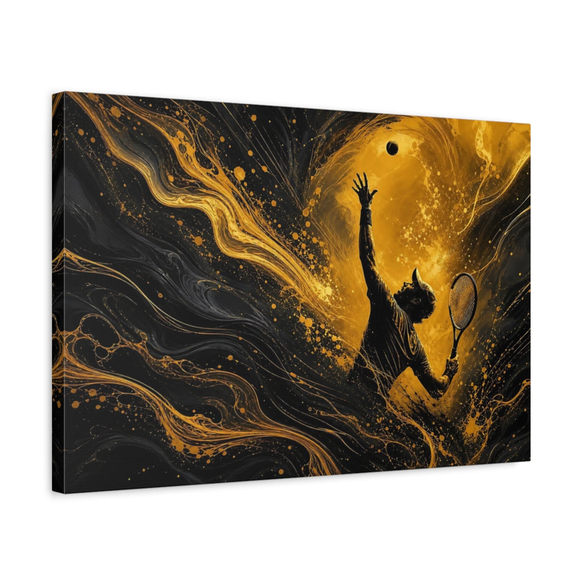 Side Mockup 3. Sports Tennis Player Gold And Black shown as stretched canvas wall art