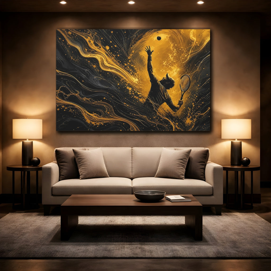 Mockup 2. Sports Tennis Player Gold And Black shown as stretched canvas wall art
