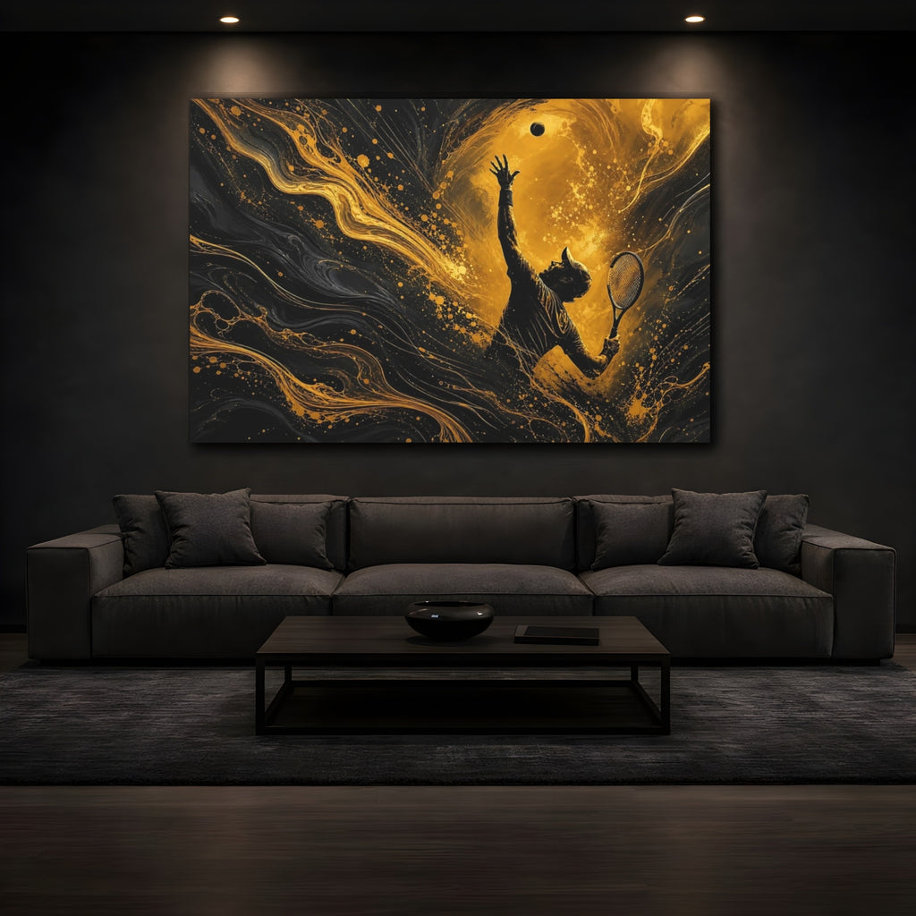 Mockup 3. Sports Tennis Player Gold And Black shown as stretched canvas wall art