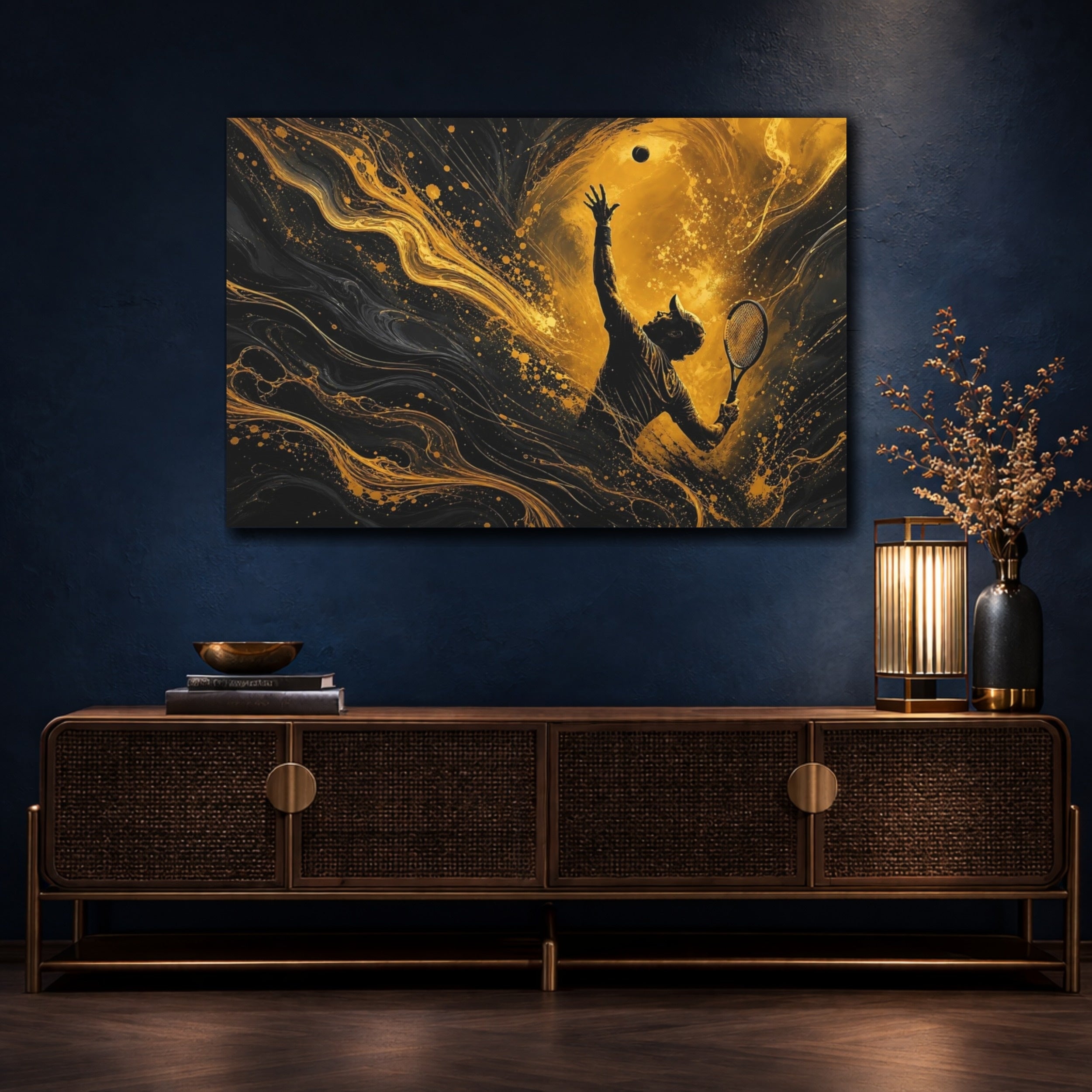 Mockup 4. Sports Tennis Player Gold And Black shown as stretched canvas wall art