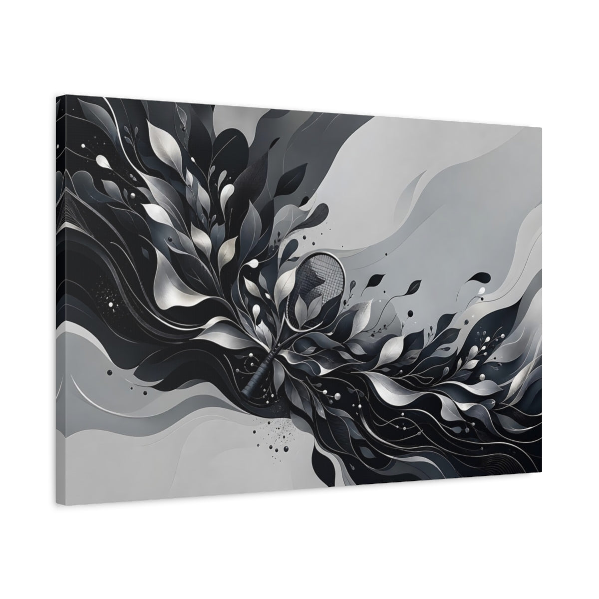 Side Mockup 2. Sports Tennis Racket Black And White shown as stretched canvas wall art