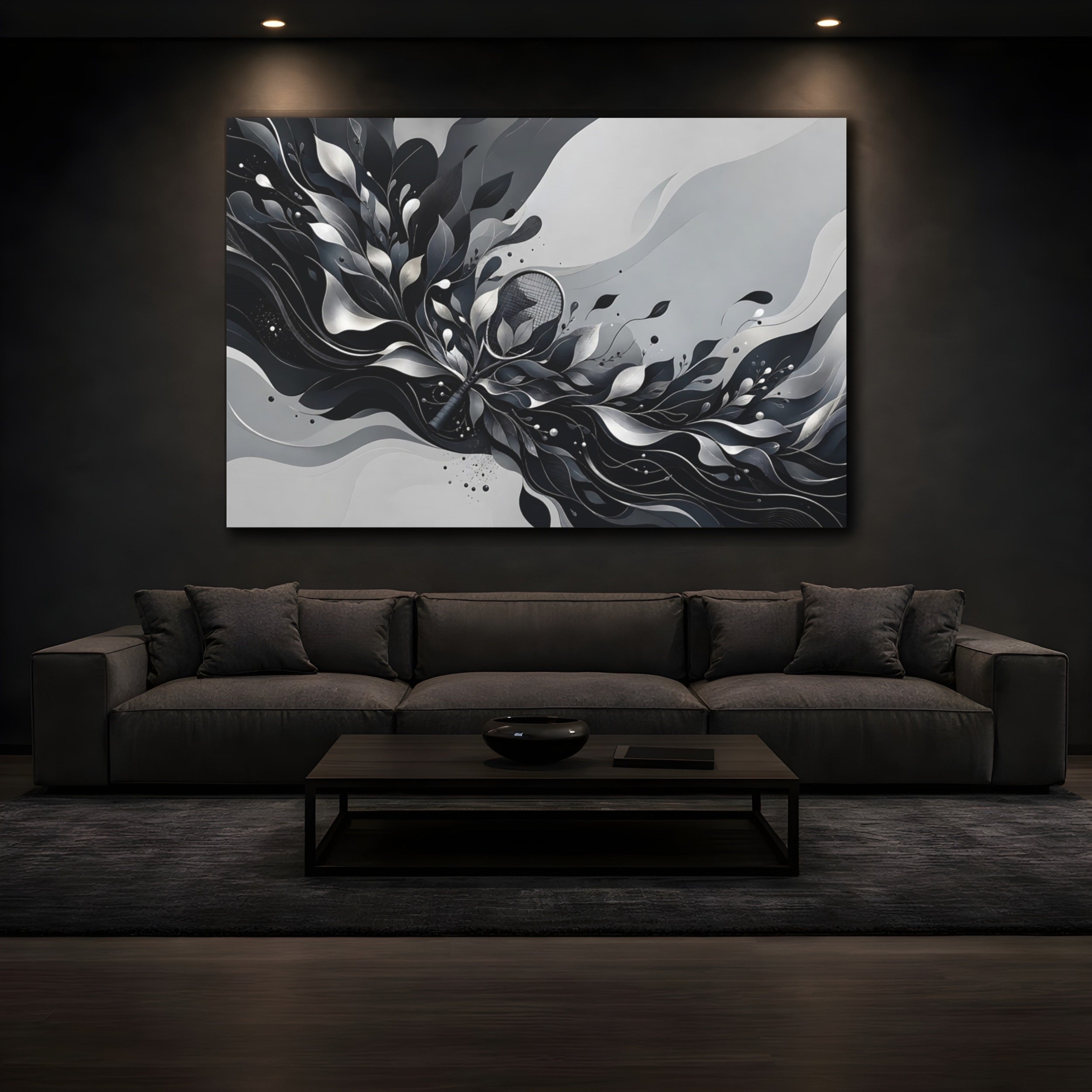 Mockup 3. Sports Tennis Racket Black And White shown as stretched canvas wall art
