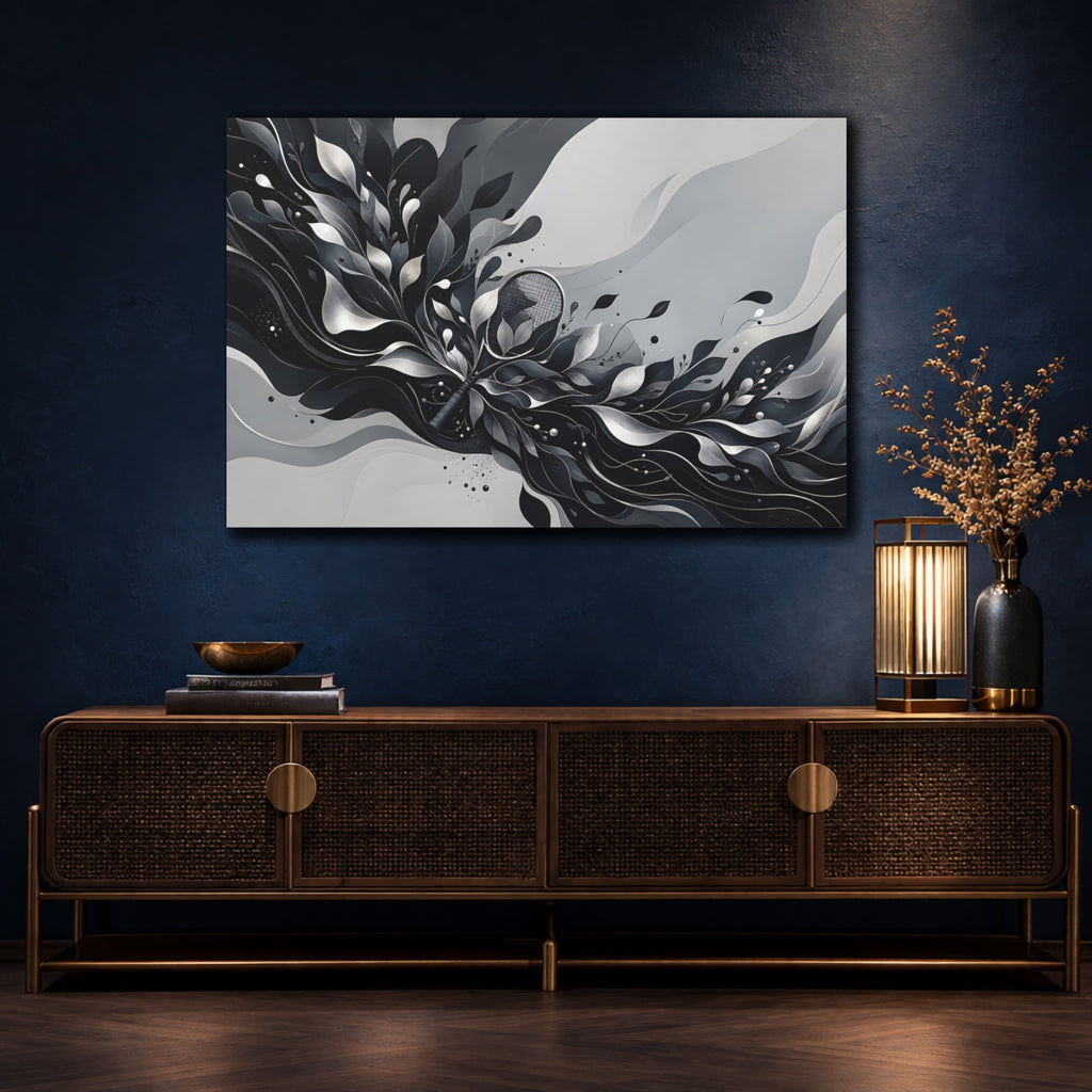 Mockup 4. Sports Tennis Racket Black And White shown as stretched canvas wall art