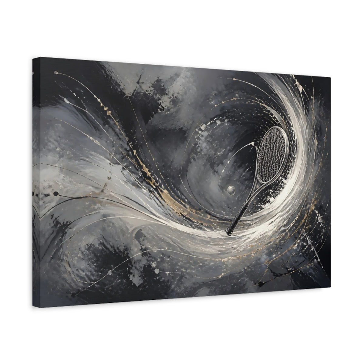 Side Mockup 3. Sports Tennis Racket Black White Gold shown as stretched canvas wall art