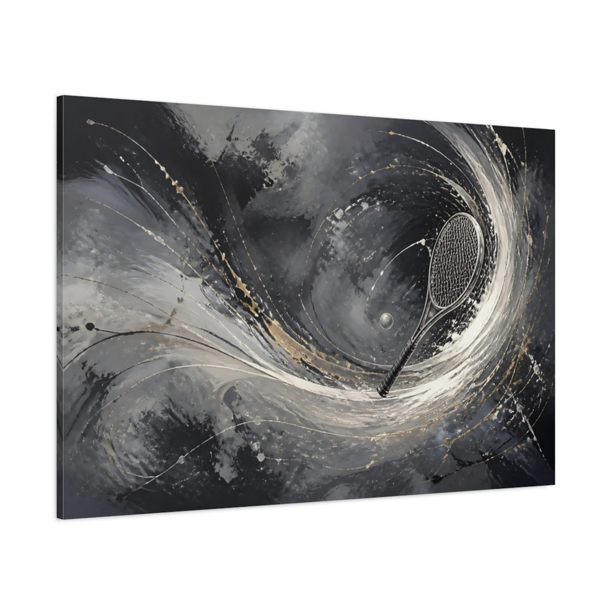 Side Mockup 1. Sports Tennis Racket Black White Gold shown as stretched canvas wall art