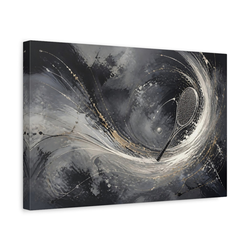 Side Mockup 4. Sports Tennis Racket Black White Gold shown as stretched canvas wall art