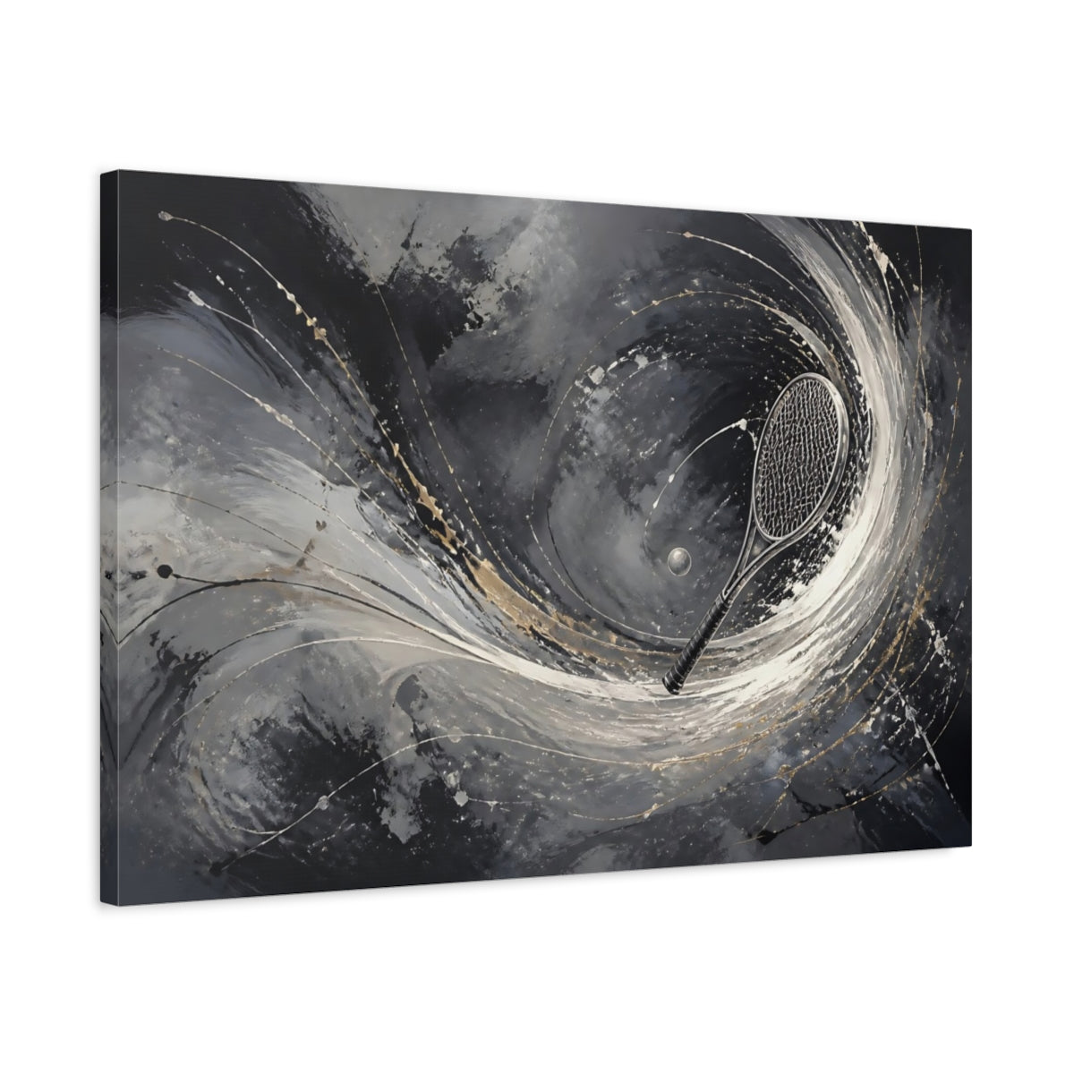 Side Mockup 2. Sports Tennis Racket Black White Gold shown as stretched canvas wall art