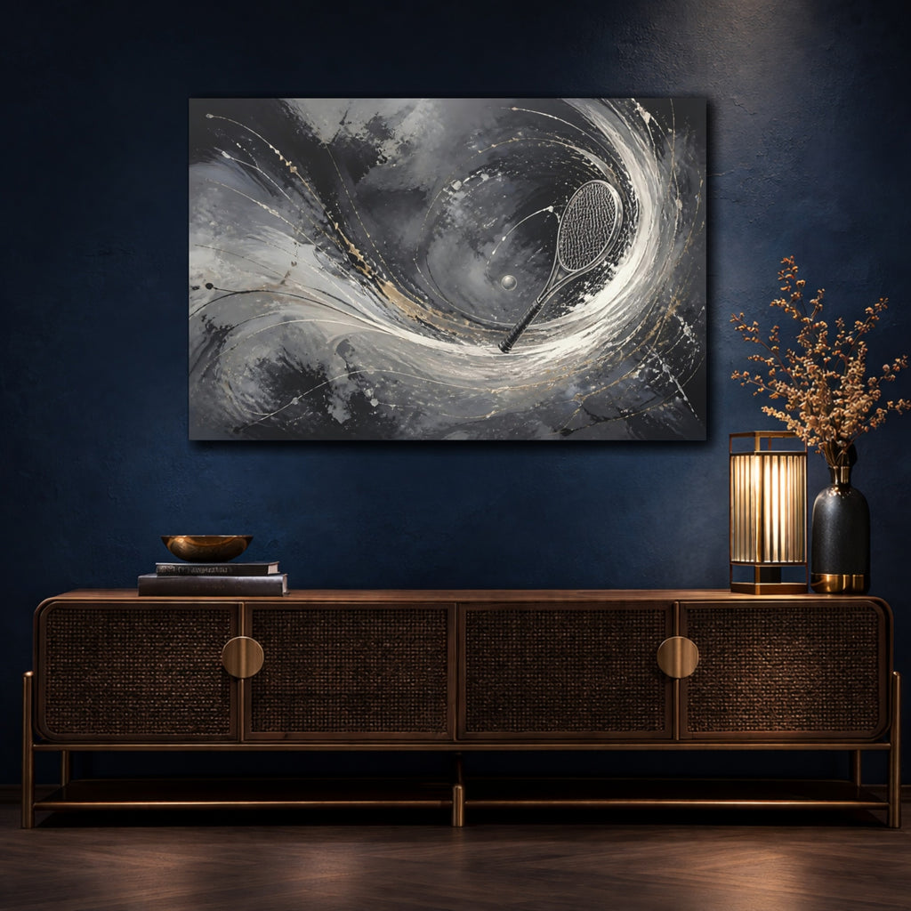 Mockup 4. Sports Tennis Racket Black White Gold shown as stretched canvas wall art