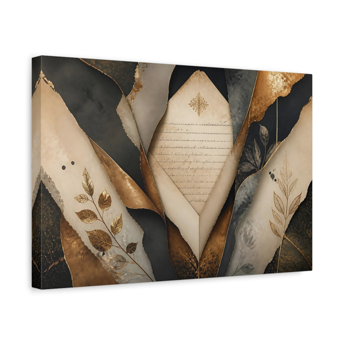 Side Mockup 4. Vintage Aged Paper Gold And Black shown as stretched canvas wall art