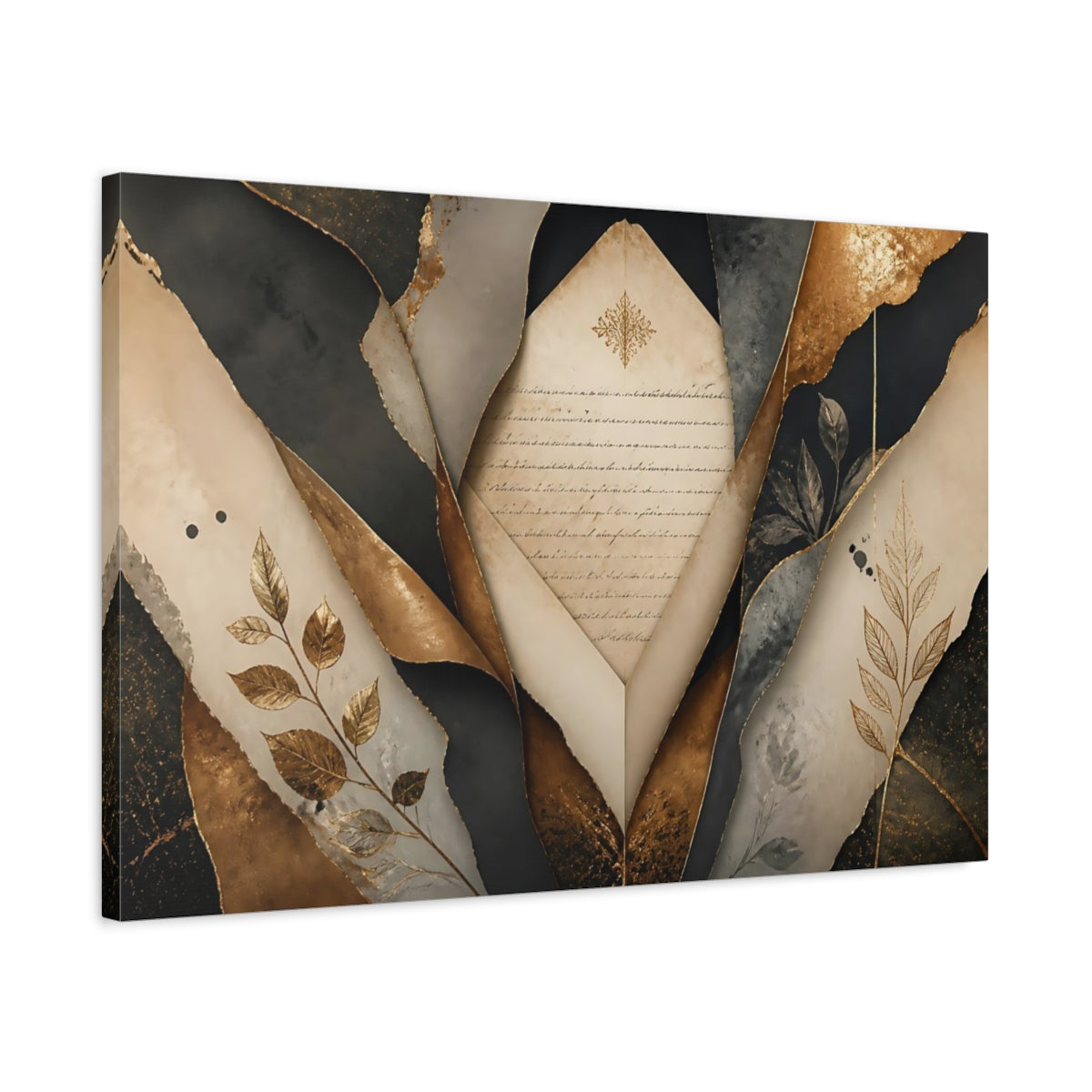 Side Mockup 2. Vintage Aged Paper Gold And Black shown as stretched canvas wall art