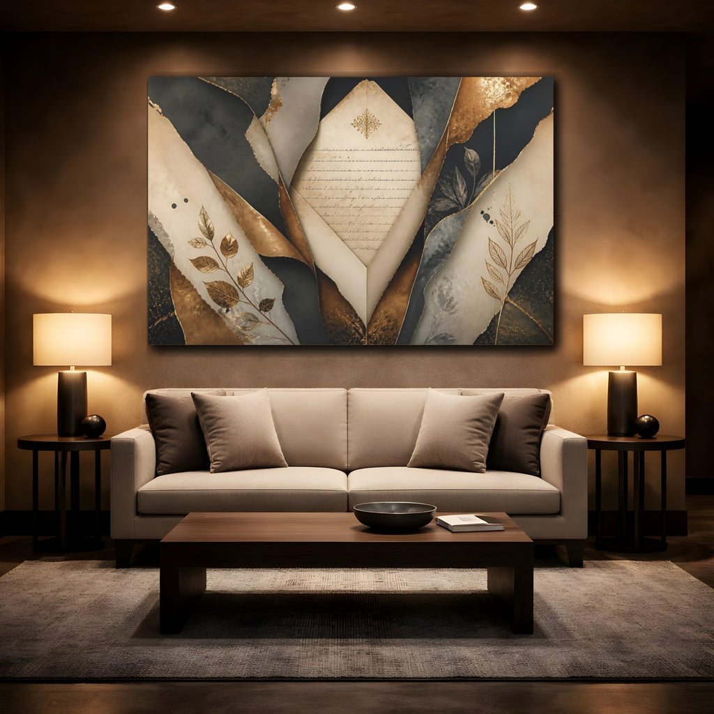 Mockup 2. Vintage Aged Paper Gold And Black shown as stretched canvas wall art