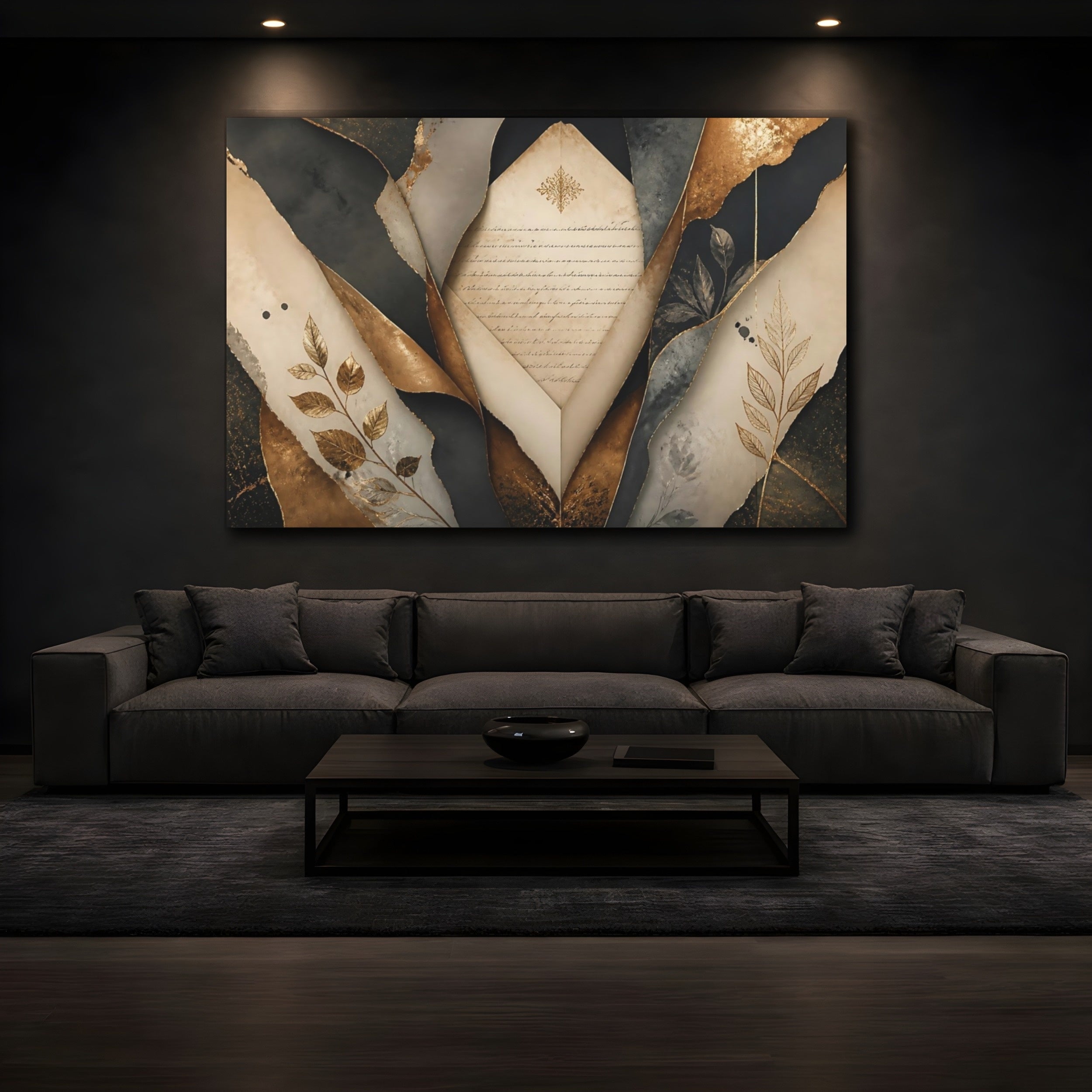 Mockup 3. Vintage Aged Paper Gold And Black shown as stretched canvas wall art