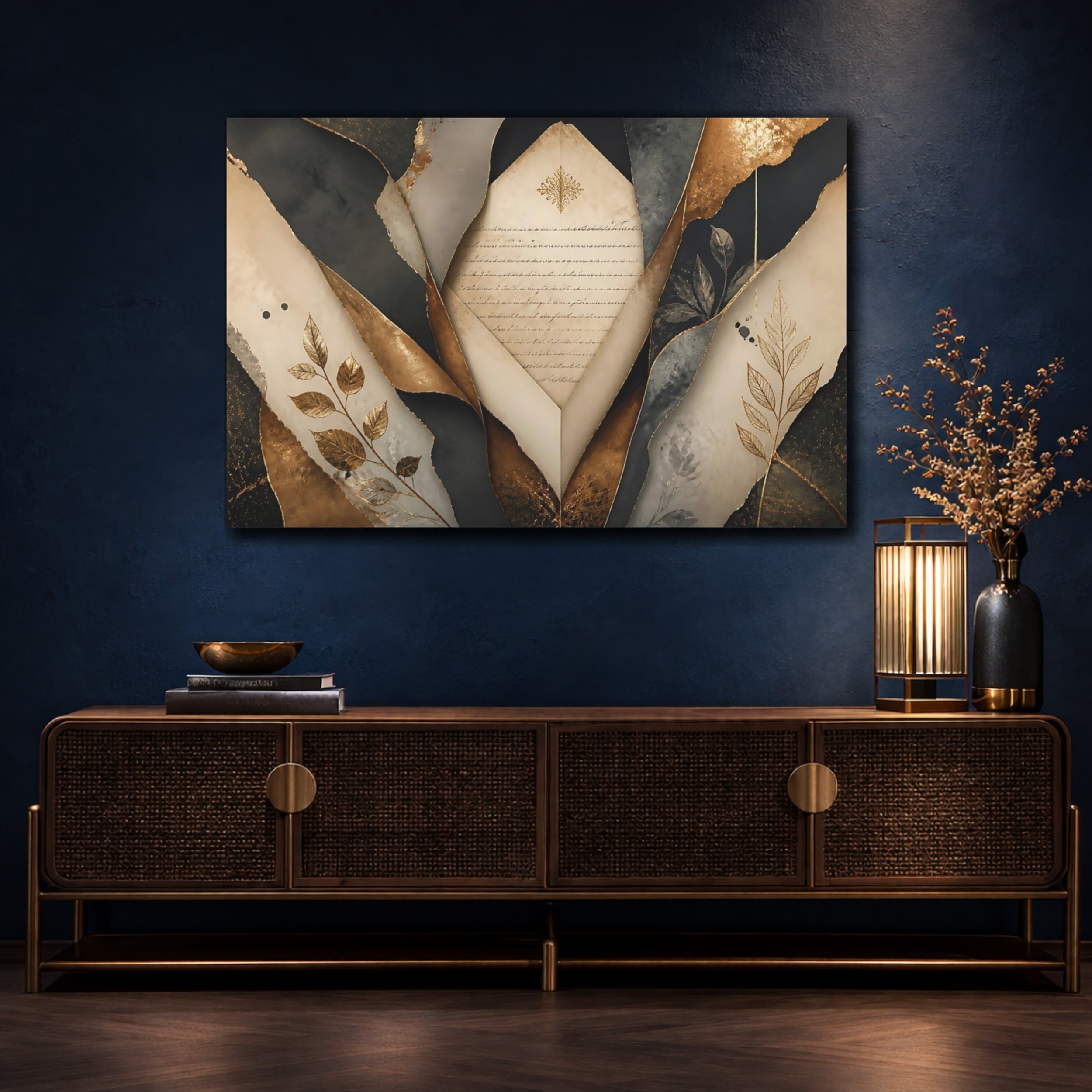 Mockup 4. Vintage Aged Paper Gold And Black shown as stretched canvas wall art